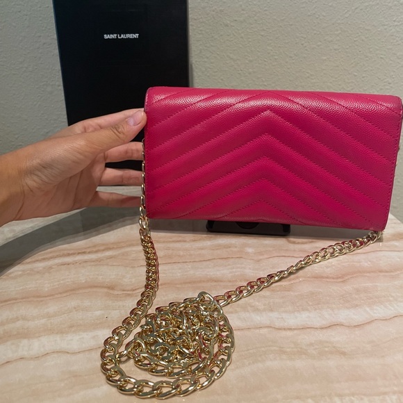 ❌SOLD❌AUTHENTIC YSL Saint Laurent Leather Wallet on Chain WOC Hot Pink Crossbody - Picture 2 of 9